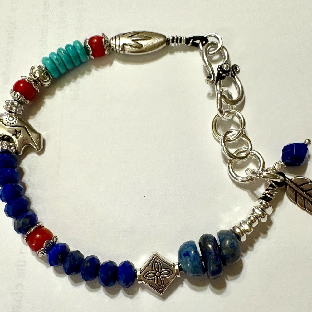 Southwest Tribal Bear Bracelet. Lapis, Coral, Turquoise
